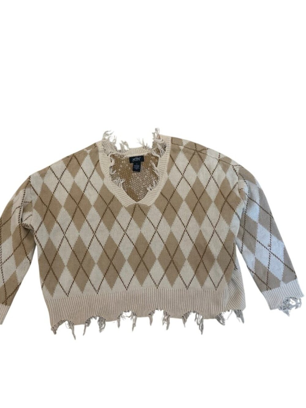 Just Polly Sweater XL Distressed Argyle Knit Beige & Cream Acrylic Preppy Fall